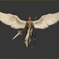 Winged Mythical Character with Red Hair Golden Armor and Swords