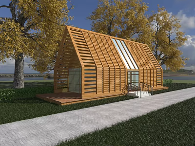 Scenic Wooden House With Sloped Roof Large Windows Stone Path And Yellow Leaved Trees 3d model