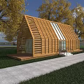 Scenic Wooden House With Sloped Roof Large Windows Stone Path And Yellow Leaved Trees