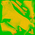 Four Deer Statues with Antlers Standing on Checkered Floor and Blue Sky Background