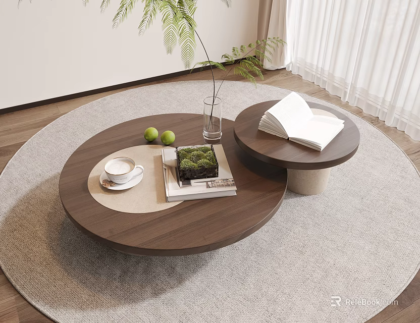 Round Wooden Coffee Table On Gray Rug With Open Book Green Plant Teacup And Books 3d model 