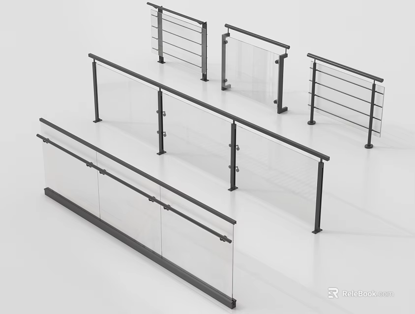 Sturdy Modern Glass Railings Featuring Black Metal Frame And Sleek Design 3d model 