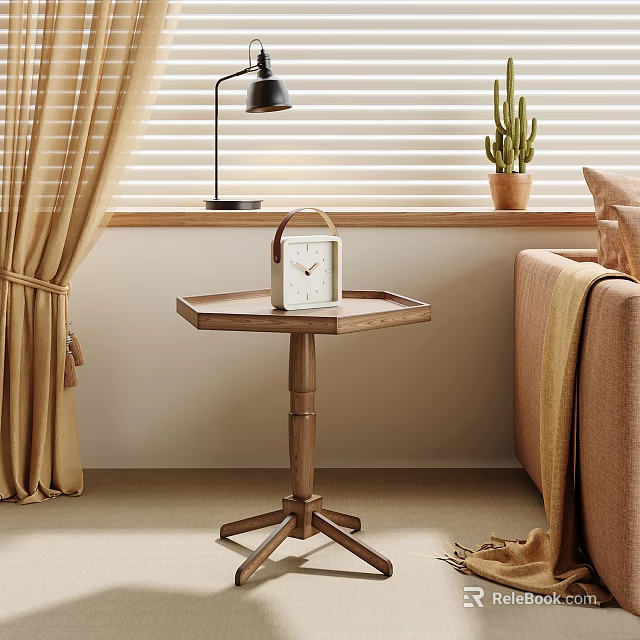 Wooden Side Table With Clock On Top Near Sofa And Curtains 3d model 