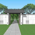 Chinese Style Entrance Gate With Traditional Roof White Walls Bamboo Grove And Stone Path