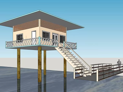Elevated Waterfront House with Wooden Pillars Balcony Railings and Staircase Dock 3d model