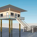 Elevated Waterfront House with Wooden Pillars Balcony Railings and Staircase Dock