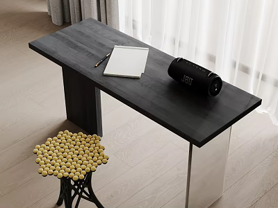 Black Desk With Notebook Pen And Thermal Mug Near Stool With Yellow Balls 3d model