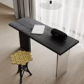 Black Desk With Notebook Pen And Thermal Mug Near Stool With Yellow Balls