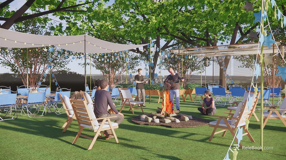 Scenic Campsite With Outdoor Fire Pit People Sitting Around Wooden Chairs And Trees 3d model 