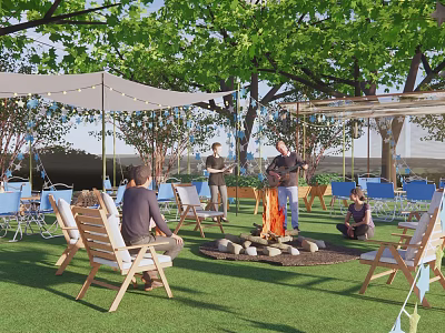 Scenic Campsite With Outdoor Fire Pit People Sitting Around Wooden Chairs And Trees 3d model
