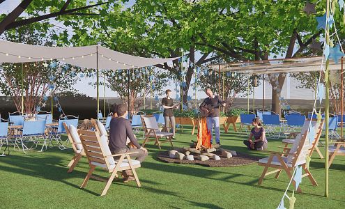 Modern Camping Park Landscape Cyber Celebrity Tent Picnic Outdoor Lawn Concert Sky Curtain Restaurant Ecological Camp Bonfire Barbecue 3d model