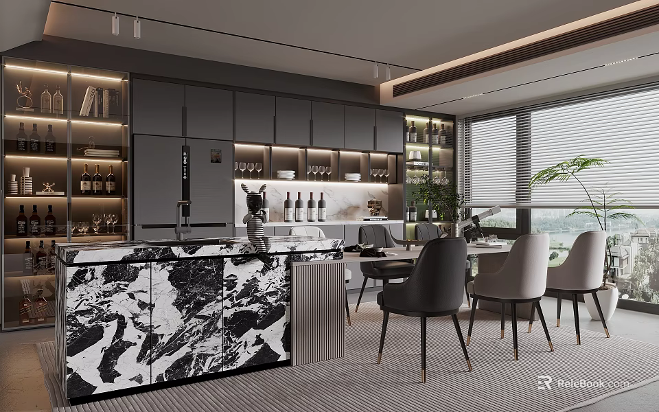 Modern Restaurant Interior Design Featuring Marble Countertop Dark Cabinets Gray Chairs And Green Plants 3d model 