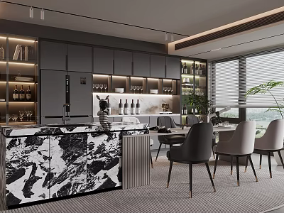 Modern Restaurant Interior Design Featuring Marble Countertop Dark Cabinets Gray Chairs And Green Plants 3d model