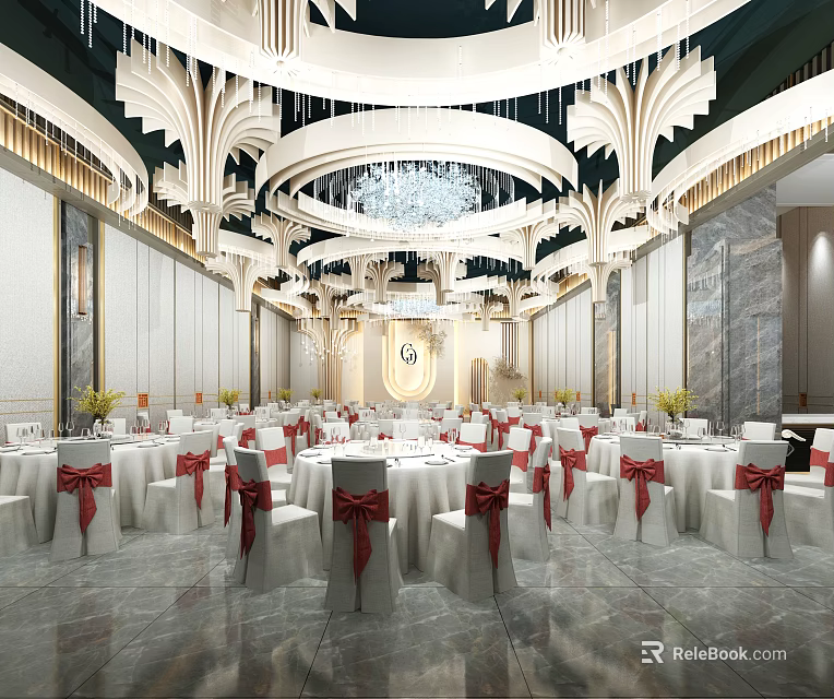 Grand Banquet Hall Interior With Ornate Chandeliers White Tables And Red Bow Chairs 3d model 