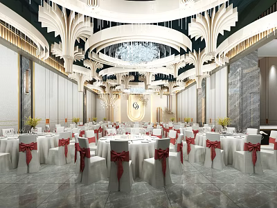 Grand Banquet Hall Interior With Ornate Chandeliers White Tables And Red Bow Chairs 3d model