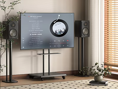 Smart TV Displaying Spotify Premium with Stereo Speakers on Mobile Stand and Potted Plant 3d model