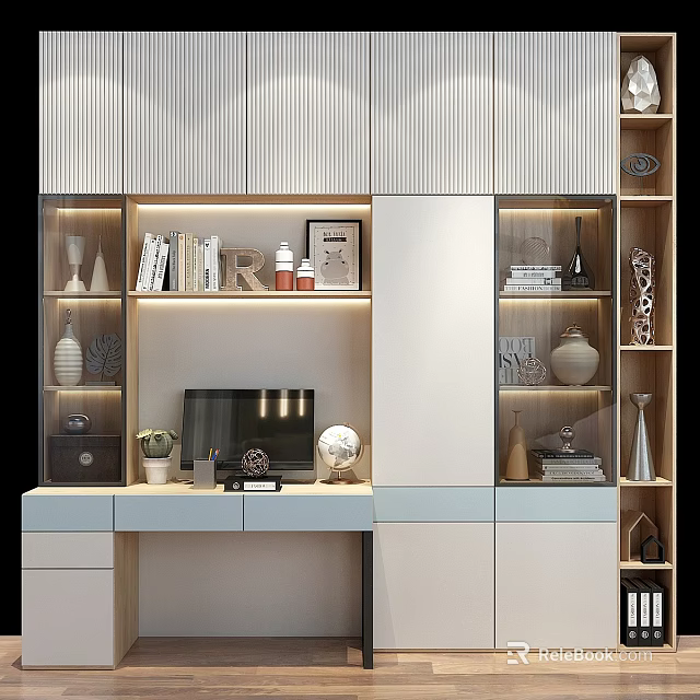 Modern Wardrobe with Bookshelf Display Cabinets Work Desk and Decorative Elements in Light Finish 3d model