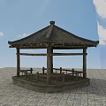 Traditional Chinese Pavilion with Wooden Structure Tiled Roof Circular Base and Stone Pavement