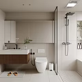 Modern Minimalist Bathroom Interior With Vanity Mirror Cabinet Toilet Shower Area And Light Tile Floor