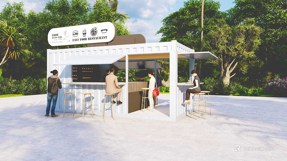Outdoor Container Style Cafe Bistro Shop With High Stools Seating And Green Plants 3d model 