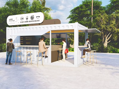 Outdoor Container Style Cafe Bistro Shop With High Stools Seating And Green Plants 3d model