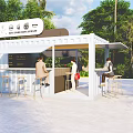 Outdoor Container Style Cafe Bistro Shop With High Stools Seating And Green Plants