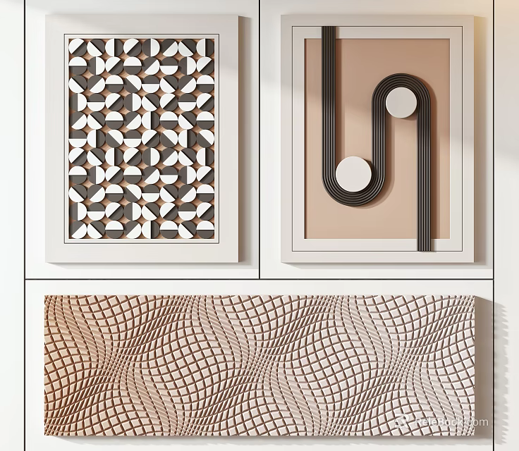 Modern Wall Decorations With Geometric Patterns Curved Designs And Beige Wavy Textures 3d model