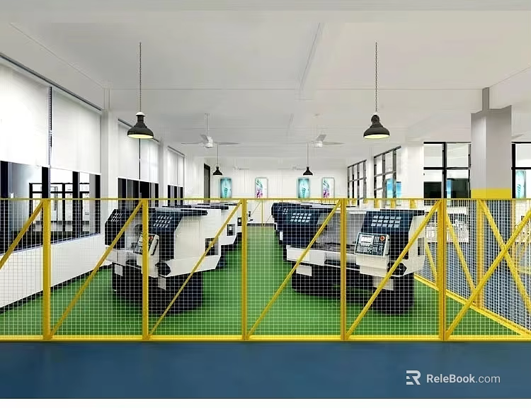 Factory Workshop Interior With Yellow Fences Machine Tools Green Floor And Hanging Lamps 3d model 