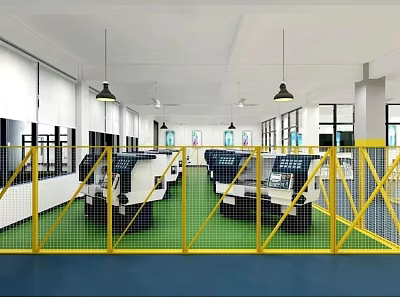 Factory Workshop Interior With Yellow Fences Machine Tools Green Floor And Hanging Lamps 3d model