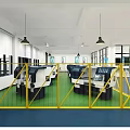 Factory Workshop Interior With Yellow Fences Machine Tools Green Floor And Hanging Lamps