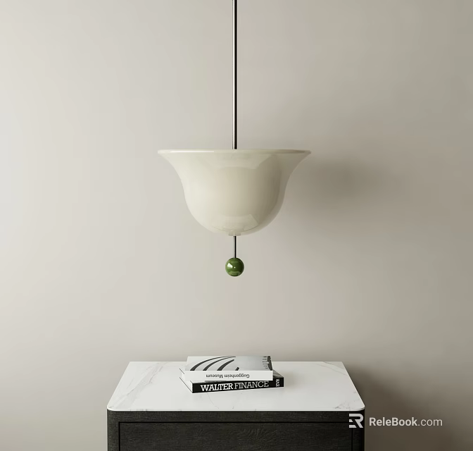 White Bell Shaped Pendant Light With Green Ball Above White Table And Books 3d model 