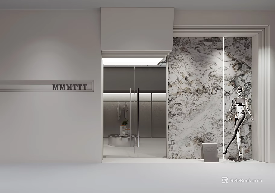 Modern Clothing Store Interior With Glass Door Marble Wall And Mannequin 3d model 
