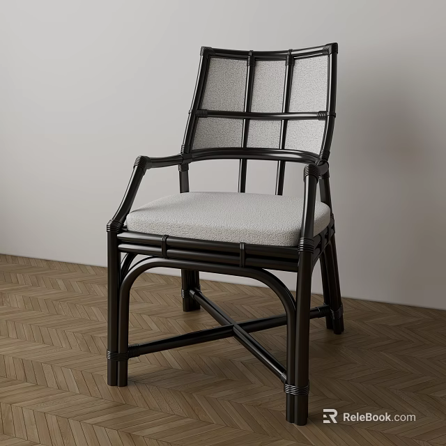 Stylish Dining Chair With Black Frame Grid Backrest And Light Cushion On Herringbone Wooden Floor 3d model 