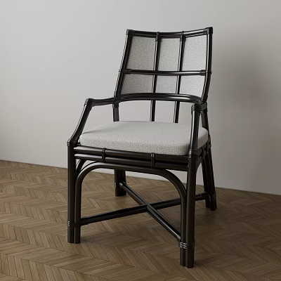 Stylish Dining Chair With Black Frame Grid Backrest And Light Cushion On Herringbone Wooden Floor 3d model