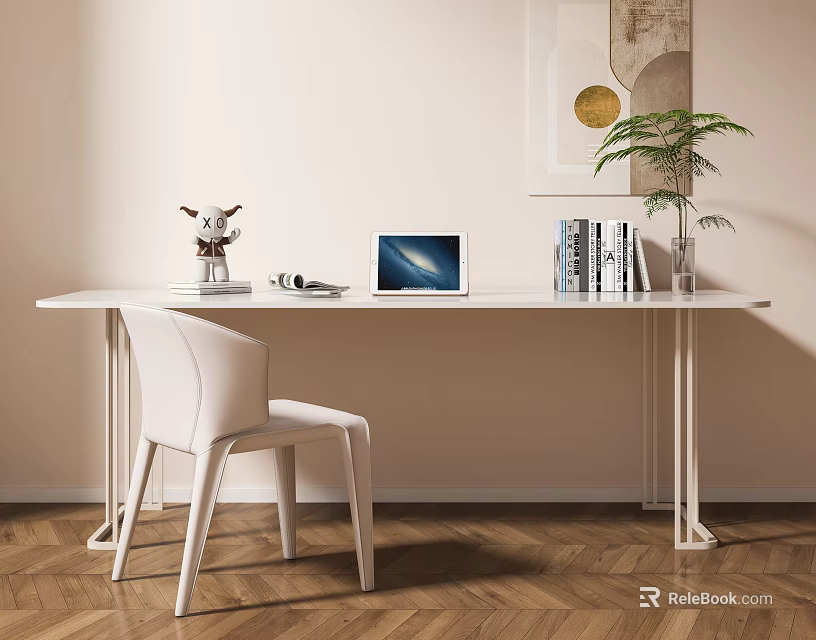Minimalist White Desk Interior With Chair Laptop Books Green Plant And Wooden Floor 3d model 