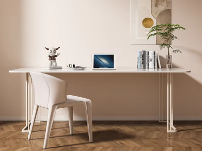 Minimalist White Desk Interior With Chair Laptop Books Green Plant And Wooden Floor 3d model