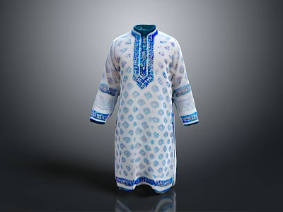 Traditional White Robe With Blue Geometric Patterns And Decorative Neckline Cuffs 3d model