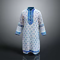 Traditional White Robe With Blue Geometric Patterns And Decorative Neckline Cuffs