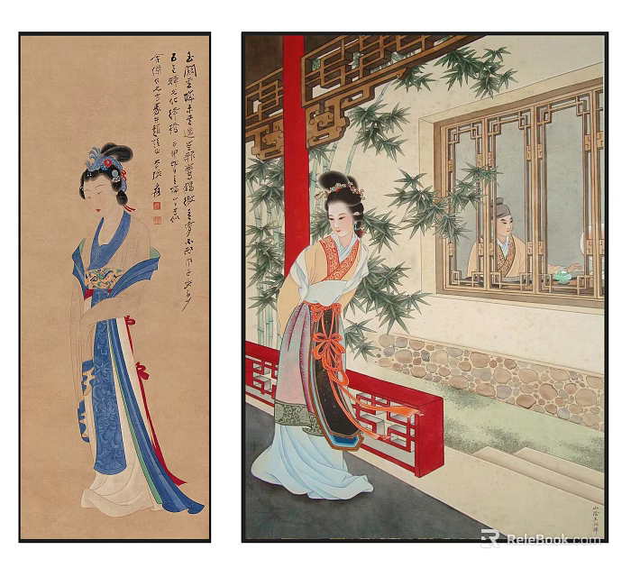 Traditional Chinese Figure Painting Featuring Female Figures In Traditional Costumes Courtyard Bamboo And Window Lattice 3d model 