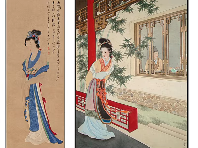 Traditional Chinese Figure Painting Featuring Female Figures In Traditional Costumes Courtyard Bamboo And Window Lattice 3d model