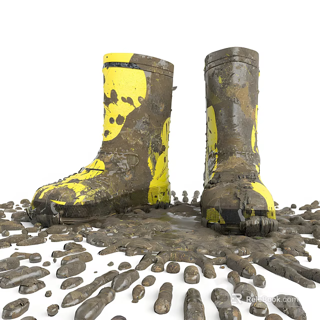 Yellow Rain Boots With Mud Splatters Surrounded by Mud and Small Stones 3d model 
