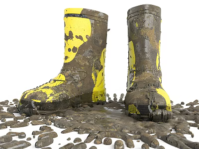 Yellow Rain Boots With Mud Splatters Surrounded by Mud and Small Stones 3d model