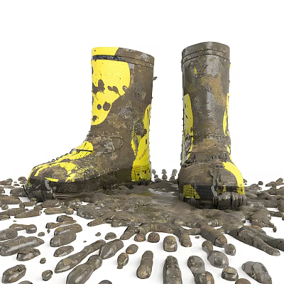 Yellow Rain Boots With Mud Splatters Surrounded by Mud and Small Stones 3d model
