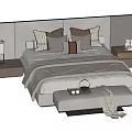Modern Double Bed With Gray Headboard Plush Pillows Footstool Tray And Side Table 3d model