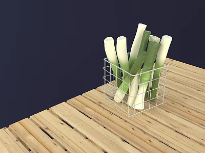 Wooden Table and Chair Set with Metal Wire Basket Holding Fresh Leeks on Tabletop 3d model