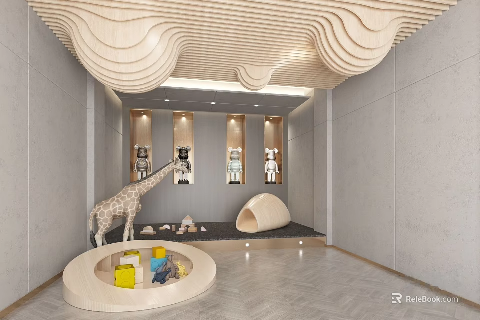 Children's Play Area With Wavy Wooden Ceiling Gray Walls Display Shelves And Giraffe Toy 3d model 