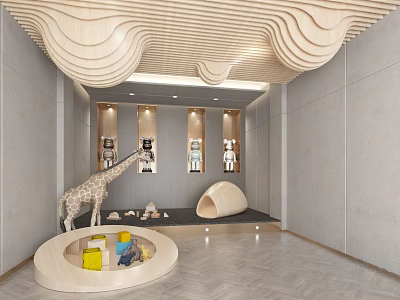 Children's Play Area With Wavy Wooden Ceiling Gray Walls Display Shelves And Giraffe Toy 3d model