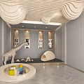 Children's Play Area With Wavy Wooden Ceiling Gray Walls Display Shelves And Giraffe Toy