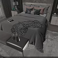 Modern Double Bed With Gray Comforter Checkered Blanket Colorful Pillows Nightstands Table Lamps And Bench