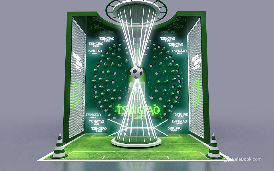 Green Soccer Ball Display With TSINGTAO Branding And Illuminated Lighting Setup 3d model 